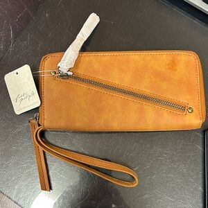 Free People Tan Leather Wristlet Card & Key Holder